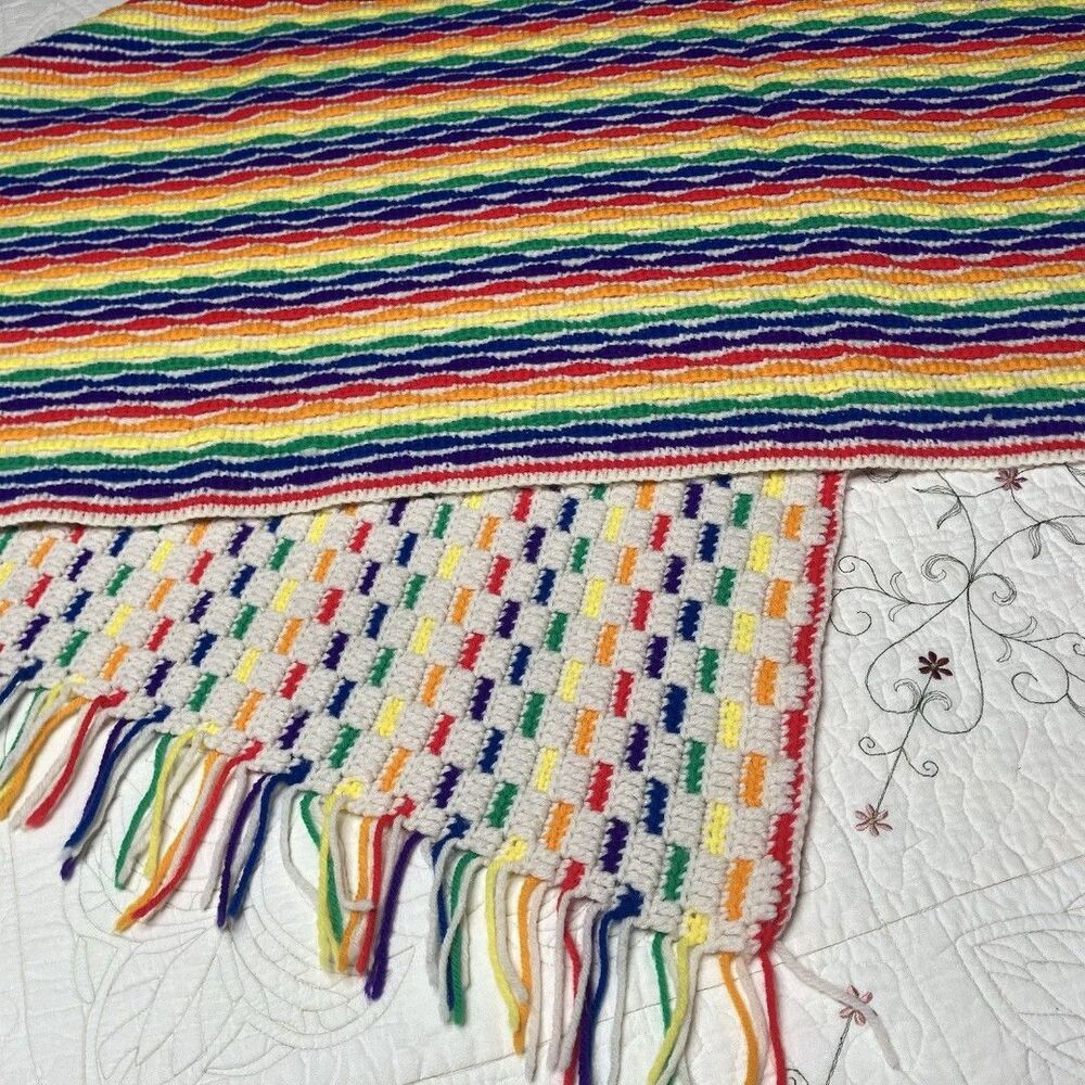 Handmade Vintage Crochet Afghan Blanket Reversible Rainbow Striped 45x54 Throw